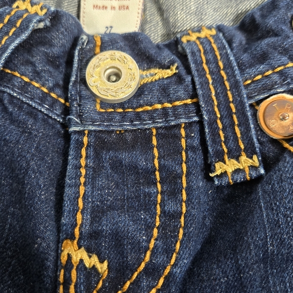 True Religion Vintage Women's Dark Blue Jeans with Suspenders Buttons Size 27 - Picture 8 of 16